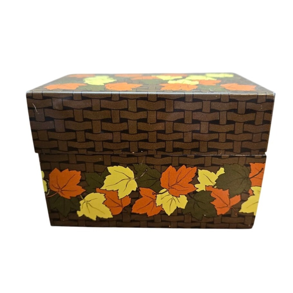 VTG Autumn Thanksgiving‎ Tin Recipe Box Syndicate Mfg Fall Leaves MCM
